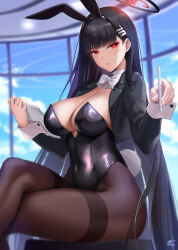 Rule 34 | 1girl, animal ears, black hair, black jacket, black leotard, blue archive, blunt bangs, blush, bow, bowtie, breasts, brown pantyhose, covered navel, cropped jacket, crossed legs, detached collar, fake animal ears, fake tail, hair ornament, hairclip, halo, highleg, highleg leotard, jacket, large breasts, leotard, long hair, long sleeves, looking at viewer, okitakung, open clothes, open jacket, pantyhose, playboy bunny, rabbit ears, rabbit tail, red eyes, rio (blue archive), sitting, solo, stylus, tablet pc, tail, thighband pantyhose, thighs, very long hair, wrist cuffs