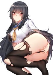 Rule 34 | absurdres, ass, black bra, black hair, black legwear, black panties, black skirt, blunt bangs, blush, bra, breasts, closed mouth, hand on own crotch, highres, isokaze (kancolle), kantai collection, kitsune udon (ai br), lace, lace-trimmed bra, lace trim, long hair, looking at viewer, lying, on side, panties, red eyes, sailor collar, school uniform, shirt, sidelocks, simple background, skirt, thighs, torn clothes, torn legwear, underwear, white background, white shirt, yellow neckwear