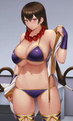 Rule 34 | 1girl, bead necklace, beads, bikini, breasts, bridal gauntlets, brown hair, collarbone, cowboy shot, earrings, fate/grand order, fate (series), gloves, gonoike biwa, highres, hoop earrings, indoors, jewelry, large breasts, long hair, navel, necklace, prayer beads, purple bikini, purple gloves, red eyes, solo, standing, swimsuit, thighhighs, very long hair, xuangzang sanzang (fate)