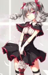 Rule 34 | 10s, 1girl, ;), bad id, bad pixiv id, black dress, blurry, bow, breasts, capelet, character name, closed umbrella, cowboy shot, depth of field, dress, drill hair, elbow gloves, frilled umbrella, frills, gloves, grey background, hair ribbon, horizontal-striped legwear, idolmaster, idolmaster cinderella girls, kanzaki ranko, looking at viewer, medium breasts, one eye closed, pink eyes, red bow, red ribbon, ribbon, rin yuu, simple background, smile, solo, striped clothes, striped thighhighs, thighhighs, tsurime, twin drills, twintails, umbrella, v arms, white gloves, zettai ryouiki