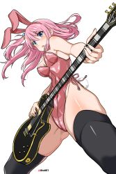 Rule 34 | 1girl, absurdres, aiuti, alternate costume, animal ears, black thighhighs, blue eyes, bocchi the rock!, bow, bowtie, breasts, cleavage, cowboy shot, cube hair ornament, detached collar, electric guitar, from below, gibson les paul, gotoh hitori, guitar, hair ornament, highres, instrument, large breasts, leotard, long hair, one side up, pink hair, pink leotard, playboy bunny, plectrum, rabbit ears, rabbit tail, side-tie leotard, simple background, solo, tail, thighhighs, twitter username, white background