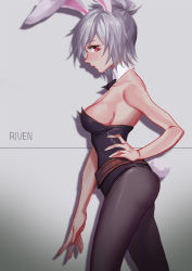 Rule 34 | 1girl, animal ears, arm at side, battle bunny riven, black pantyhose, breasts, character name, cowboy shot, fake animal ears, folded ponytail, from side, geoly, hand on own hip, league of legends, leotard, lips, looking at viewer, medium breasts, off shoulder, pantyhose, playboy bunny, rabbit ears, rabbit tail, red eyes, riven (league of legends), sideboob, silver background, silver hair, solo, tail