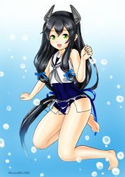 Rule 34 | 1girl, air bubble, barefoot, black hair, blouse, blue one-piece swimsuit, bubble, freediving, full body, green eyes, grey neckerchief, hair between eyes, hair ribbon, headgear, i-47 (kancolle), kantai collection, kudou (ooabareteng), long hair, looking at viewer, low-tied long hair, name tag, neckerchief, one-piece swimsuit, open mouth, ribbon, sailor collar, sailor shirt, school swimsuit, see-through, see-through skirt, shirt, skirt, sleeveless, sleeveless shirt, smile, solo, submerged, swimming, swimsuit, swimsuit under clothes, tress ribbon, twitter username, underwater, white sailor collar
