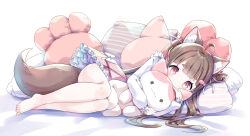 Rule 34 | 1girl, ahoge, amimi, animal ears, barefoot, brown hair, copyright request, highres, holding, holding stuffed toy, long hair, long sleeves, hugging object, pillow, pink skirt, plaid, plaid skirt, red eyes, shirt, skirt, solo, stuffed animal, stuffed toy, tail, thighs, white shirt