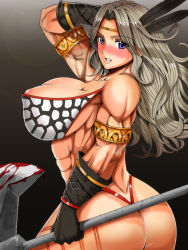 Rule 34 | 1girl, abs, amazon (dragon&#039;s crown), areola slip, ass, axe, bad id, bad pixiv id, bare shoulders, blonde hair, blood, blush, breasts, dragon&#039;s crown, feathers, gloves, huge breasts, inu (marukome), jewelry, long hair, lots of jewelry, muscular, muscular female, polearm, solo, weapon