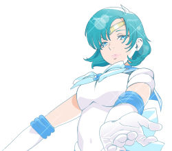 Rule 34 | 1girl, aqua eyes, aqua hair, asymmetrical bangs, bishoujo senshi sailor moon, breasts, covered navel, cowboy shot, earrings, elbow gloves, from below, from side, gloves, jewelry, kishi torajirou, looking at viewer, medium breasts, outstretched arms, parted lips, sailor mercury, school uniform, serafuku, short hair, solo, sparkle, stud earrings, white background