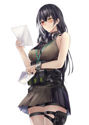 Rule 34 | 1girl, absurdres, arm under breasts, bare arms, bare shoulders, bike shorts under skirt, black hair, black shorts, blush, breasts, commentary, commission, cowboy shot, english commentary, envelope, gas mask, girls&#039; frontline, hand up, heterochromia, highres, holding, holding letter, holding paper, id card, jewelry, large breasts, letter, long hair, mask, mask around neck, miniskirt, multicolored hair, no gloves, no jacket, paper, pixiv commission, pleated skirt, pouch, reading, red eyes, ribbed sweater, ring, ro635 (girls&#039; frontline), shorts, simple background, skirt, sleeveless, sleeveless turtleneck, smile, solo, streaked hair, suprii, sweater, thigh pouch, thigh strap, turtleneck, upskirt, white background, white hair, yellow eyes