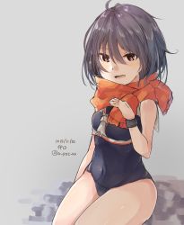 Rule 34 | 1girl, asymmetrical hair, black hair, black one-piece swimsuit, brown eyes, character name, dated, framed breasts, grey background, hair between eyes, highres, i-13 (kancolle), kantai collection, one-piece swimsuit, orange scarf, sailor collar, scarf, school swimsuit, short hair, simple background, sitting, solo, swimsuit, twitter username, u yuz xx, wristband