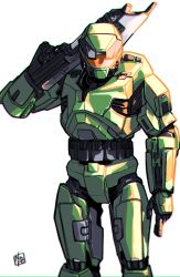 Rule 34 | 1boy, armor, assault rifle, bullpup, gun, halo: combat evolved, halo (series), helmet, highres, holding, holding gun, holding weapon, looking down, ma5, male focus, master chief, nasutetsu, open hand, over shoulder, power armor, rifle, science fiction, solo, spartan (halo), weapon, weapon over shoulder, white background