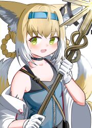 Rule 34 | 1girl, :d, animal ears, arknights, black choker, blonde hair, blue dress, blue hairband, blush, braid, choker, collarbone, cosplay, dress, fox ears, fox girl, fox tail, gloves, green eyes, hair between eyes, hair rings, hairband, highres, holding, kitsune, looking at viewer, multicolored hair, off shoulder, open mouth, simple background, sleeveless, sleeveless dress, smile, solo, spam (spamham4506), sussurro (arknights), sussurro (arknights) (cosplay), suzuran (arknights), sweat, tail, twin braids, two-tone hair, white background, white gloves, white hair