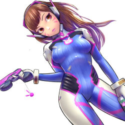 Rule 34 | 1girl, animal print, blue bodysuit, bmo art, bodysuit, breasts, brown eyes, brown hair, can, charm (object), covered navel, cowboy shot, d.va (overwatch), drink can, facepaint, facial mark, facing viewer, finger on trigger, gun, handgun, headphones, holding, holding can, holding gun, holding weapon, long hair, medium breasts, overwatch, overwatch 1, pilot suit, pink lips, pistol, rabbit print, ribbed bodysuit, shoulder pads, sideways glance, simple background, skin tight, soda can, solo, swept bangs, weapon, whisker markings, white background