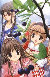 Rule 34 | 3girls, :d, :t, argyle, basket, berry, berry, braid, brown eyes, brown hair, from above, glasses, hairband, highres, holding, japanese clothes, kimono, lolita fashion, long hair, multiple girls, open mouth, pout, red-framed eyewear, ribbon-trimmed clothes, ribbon trim, sidelocks, smile, tenhiro naoto, tree, twin braids, twintails