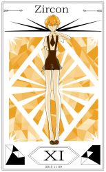 Rule 34 | 10s, 1other, 2015, androgynous, arm at side, bare arms, bare legs, black footwear, black necktie, black shorts, border, character name, closed mouth, cojima, collared shirt, dated, full body, gem (symbol), hair between eyes, houseki no kuni, long legs, looking at viewer, matching hair/eyes, necktie, orange eyes, orange hair, roman numeral, shirt, shoes, short hair, short sleeves, shorts, solo, standing, suspender shorts, suspenders, uniform, white shirt, zircon (houseki no kuni)