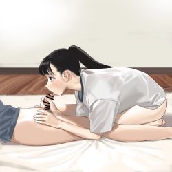 Rule 34 | 1boy, 1girl, bad id, bad pixiv id, bar censor, black hair, blouse, censored, commentary request, fellatio, gym uniform, hetero, highres, hiramedousa, long hair, open mouth, oral, original, penis, ponytail, shirt, short sleeves, solo focus, tongue, tongue out, white shirt