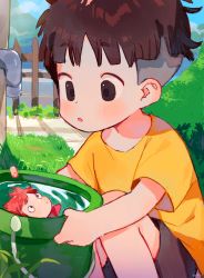 Rule 34 | 1boy, 1girl, blue sky, brown hair, brown shorts, commentary, day, english commentary, fence, fish girl, gake no ue no ponyo, grass, highres, holding, holding pot, kneeling, looking at another, monster girl, nemui (nemuriyagi), no eyebrows, outdoors, ponyo, pot, red hair, shirt, short hair, short sleeves, shorts, sky, solo focus, sousuke (ponyo), yellow shirt