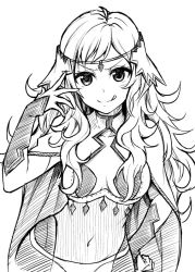 Rule 34 | breasts, circlet, cleavage, fire emblem, fire emblem fates, greyscale, hand on own hip, long hair, looking at viewer, monochrome, navel, nintendo, ophelia (fire emblem), smile, solo, ten (tenchan man), tongue, tongue out