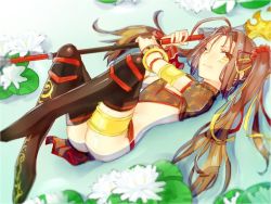 Rule 34 | 1girl, armlet, boots, bracelet, brown hair, fate/grand order, fate (series), flower, jewelry, lotus, navel, nezha (fate), one eye closed, partially submerged, polearm, scrunchie, spear, thigh boots, thighhighs, thighlet, twintails, water, weapon