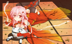 Rule 34 | 10s, 1girl, aokihoshi, black thighhighs, blush, breast press, breasts, center opening, cleavage, dress, fingerless gloves, gloves, guilty crown, hair ornament, hairclip, highres, long hair, looking at viewer, lying, on floor, on side, pink eyes, pink hair, solo, thighhighs, yuzuriha inori