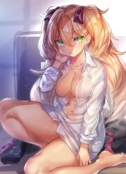 Rule 34 | 1girl, barefoot, blonde hair, breasts, collarbone, dot nose, female focus, full body, green eyes, hair between eyes, long hair, long sleeves, looking to the side, medium breasts, navel, open clothes, open shirt, pokoten (pokoten718), shirt, sitting, solo, sweatdrop, thick thighs, thighs, twintails, white shirt