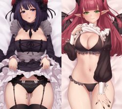 Rule 34 | 1girl, bat wings, between breasts, black garter belt, black hair, black nails, black necktie, black panties, black thighhighs, blunt bangs, bow, bow panties, breasts, chain, cleavage, close-up, clothes lift, collar, commentary, dakimakura (medium), demon girl, dress, fangs, fingernails, flower, frilled panties, frilled sleeves, frills, garter belt, gluteal fold, gothic lolita, green eyes, hair flower, hair ornament, hand on own thigh, headdress, highres, horns, iwbitu, kuroe shizuku, large breasts, leash, lifted by self, lolita fashion, long fingernails, long hair, long sleeves, looking at viewer, lying, multiple views, nail polish, navel, necktie, necktie between breasts, on back, panties, parted lips, pointy ears, purple eyes, red hair, rizu-kyun, smile, sono bisque doll wa koi wo suru, stomach, tally, thigh gap, thighhighs, two side up, underwear, wide sleeves, wings
