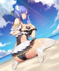 Rule 34 | 1girl, absurdres, ass, bare shoulders, beach, black one-piece swimsuit, blue hair, blue sky, blush, breasts, cameltoe, cloud, cloudy sky, commission, covered erect nipples, day, dutch angle, feet, frilled swimsuit, frills, heart, heart hands, heterochromia, highres, hip vent, horizon, large breasts, long hair, looking at viewer, migu (iws2525), no shoes, ocean, one-piece swimsuit, original, outdoors, purple eyes, ruthenium77&#039;s character, sand, shore, sitting, sky, soles, solo, sweat, swimsuit, thighhighs, toes, torn clothes, torn thighhighs, wariza, water, wet, wet legwear, white thighhighs, wrist cuffs, yellow eyes