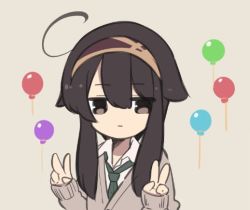 Rule 34 | 1girl, :|, balloon, brown background, brown cardigan, brown eyes, brown hair, brown hairband, cardigan, closed mouth, collared shirt, commentary request, double v, green necktie, hair between eyes, hairband, hands up, long sleeves, looking at viewer, natsuki teru, necktie, original, shikibe ayaka, shirt, simple background, sleeves past fingers, sleeves past wrists, solo, upper body, v, white shirt