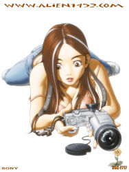 Rule 34 | 1girl, alien1452, bra, breasts, brown eyes, brown hair, camera, denim, fingernails, flower, jeans, large breasts, lingerie, lips, long fingernails, long hair, lying, nail, nail polish, on stomach, pants, shoes, sneakers, solo, tank top, underwear, white nails