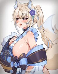 Rule 34 | 1girl, @ @, absurdres, alternate breast size, animal ear fluff, animal ears, blonde hair, blue hair, blue kimono, blush, breasts, dog ears, dog girl, fuwawa abyssgard, fuwawa abyssgard (new year), hair ornament, highres, hololive, hololive english, huge breasts, japanese clothes, keisea, kimono, large breasts, long hair, multicolored hair, multiple girls, sideless kimono, streaked hair, virtual youtuber