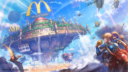 Rule 34 | 1boy, 1girl, above clouds, aircraft, airship, armor, blonde hair, blue sky, brown hair, building, burger, chain, cloud, cloudy sky, commentary request, day, dinosaur, dragon, fantasy, flag, floating island, food, gauntlets, holding, holding food, horns, light rays, long hair, looking away, magic circle, mcdonald&#039;s, menu board, moon, official art, outdoors, ponytail, prehistoric animal, pterosaur, purple eyes, rainbow, restaurant, riding, shiki makoto, short hair, sign, skirt, sky, slit pupils, smoke, watermark, windmill, wings