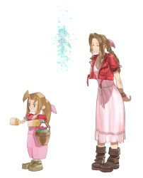 Rule 34 | 2girls, aerith gainsborough, boots, bow, bracelet, braid, braided ponytail, brown hair, cropped jacket, dress, drill hair, dual persona, closed eyes, final fantasy, final fantasy vii, final fantasy vii remake, flower basket, green eyes, hair bow, highres, jacket, jewelry, multiple girls, pink dress, low poly, red jacket, simple background, smile, sora-bakabon, standing, twin drills