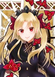 Rule 34 | 1girl, absurdres, art nouveau, ayamu (igakato), bad id, bad pixiv id, black dress, blonde hair, blush, commentary request, dress, earrings, ereshkigal (fate), ereshkigal (third ascension) (fate), fate/grand order, fate (series), hair ribbon, highres, infinity symbol, jewelry, light blush, long hair, looking at viewer, red eyes, red ribbon, ribbon, smile, solo, tiara