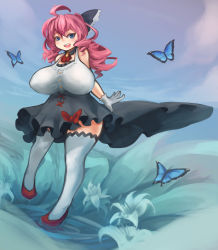 Rule 34 | 1girl, ahoge, arceonn, blue eyes, borrowed character, breasts, bug, butterfly, detached collar, dress, drill hair, gloves, highres, huge breasts, insect, original, pink hair, sakuraba himari (magister), smile, solo, thighhighs, twin drills, white gloves, white thighhighs