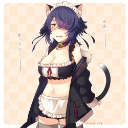 Rule 34 | 1girl, alternate costume, animal ears, apron, artist name, bell, blush, bow, breasts, brown eyes, cat ears, cat tail, checkered bow, checkered clothes, cleavage, collar, collarbone, enmaided, eyepatch, fake animal ears, fake tail, fur-trimmed jacket, fur trim, grey thighhighs, hair bow, hair over one eye, jacket, kantai collection, kotobuki (momoko factory), large breasts, looking at viewer, maid, maid apron, maid headdress, messy hair, neck bell, parted lips, purple hair, short hair, solo, tail, tenryuu (kancolle), tenryuu kai ni (kancolle), thighhighs, translation request, twitter username