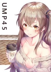 Rule 34 | 1girl, bare shoulders, blush, breasts, brown eyes, brown hair, brown sweater, casual, character name, cleavage, closed mouth, clothes tug, coffee cup, collarbone, commentary, crossed bangs, cup, disposable cup, fingernails, girls&#039; frontline, hair between eyes, hair ornament, highres, holding, holding cup, hyonee, long hair, long sleeves, looking at viewer, medium breasts, off-shoulder sweater, off shoulder, one side up, revision, scar, scar across eye, scar on face, sleeves past wrists, smile, sweater, sweater tug, ump45 (girls&#039; frontline), upper body