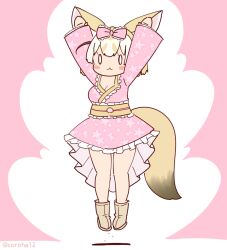 Rule 34 | 1girl, animal ears, arms up, blonde hair, boots, coroha, extra ears, fennec (kemono friends), fox ears, fox girl, fox tail, full body, japanese clothes, japari symbol, jumping, kemono friends, kimono, looking at viewer, pink background, ribbon, short hair, simple background, solo, tail