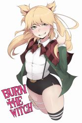 Rule 34 | 1girl, black thighhighs, blonde hair, breasts, burn the witch, cape, collared shirt, copyright name, eyebrows, flat color, green eyes, grin, highres, ina (gokihoihoi), long hair, long sleeves, medium breasts, ninny spangcole, parted lips, pointing, pointing at self, red cape, shirt, single thighhigh, smile, solo, suspenders, swept bangs, teeth, thighhighs, twintails, white shirt