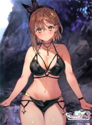Rule 34 | 1girl, absurdres, atelier (series), atelier ryza, atelier ryza 2, bikini, black bikini, blurry, blurry background, braid, breasts, bright pupils, brown hair, choker, cleavage, copyright name, cowboy shot, crown braid, depth of field, hair ribbon, highres, large breasts, looking at viewer, navel, outdoors, reisalin stout, ribbon, scan, short hair, solo, sunlight, swimsuit, toridamono, wristband, yellow eyes