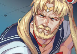 Rule 34 | 1boy, beard, bishoujo senshi sailor moon, blonde hair, blue eyes, blue sailor collar, bow, bowtie, choker, circlet, closed mouth, collarbone, commentary, crescent, crescent earrings, crossdressing, derivative work, earrings, english commentary, facial hair, from side, genderswap, genderswap (ftm), hair ornament, hair over shoulder, heart, heart choker, jewelry, kws, long hair, male focus, manly, meme, mustache, parted bangs, portrait, red bow, red bowtie, red choker, reference work, sailor collar, sailor moon, sailor moon redraw challenge (meme), sailor senshi uniform, school uniform, screenshot redraw, serafuku, serious, solo, tsukino usagi, twintails, upper body