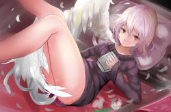 Rule 34 | 1girl, :o, alternate costume, angel wings, ass, bare legs, book, dated, feathered wings, feathers, holding, holding book, houdukixx, kishin sagume, legs, legs up, long sleeves, looking at viewer, lying, messy, naked sweater, on back, red eyes, ribbed sweater, short hair, signature, silver hair, single wing, solo, sweater, thighs, touhou, white wings, wings