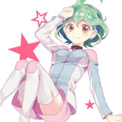 Rule 34 | 1girl, ahoge, bad id, bad pixiv id, boots, bracelet, choker, earrings, gem, green hair, highres, jewelry, jumpsuit, multicolored hair, rin (yu-gi-oh!), short hair, shorts, smile, solo, star (symbol), thigh boots, thighhighs, two-tone hair, white footwear, white thighhighs, yellow eyes, yu-gi-oh!, yu-gi-oh! arc-v, yuya kyoro, zettai ryouiki