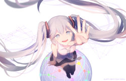 Rule 34 | 1girl, arm up, bare shoulders, black skirt, blue eyes, blue necktie, blush, english text, fingernails, grey hair, hair between eyes, happy birthday, hatsune miku, highres, long hair, necktie, open mouth, outstretched arm, pino ko, sitting, skirt, smile, solo, teeth, tongue, twintails, very long hair, vocaloid