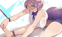 Rule 34 | 1girl, absurdres, bare shoulders, barefoot, blue eyes, blush, breasts, collared shirt, gridman universe, hair between eyes, high-waist shorts, highres, large breasts, mujina, nail polish, necktie, open mouth, pink hair, purple nails, purple neckwear, purple shorts, restrained, sapysha, shirt, short hair, short necktie, shorts, sitting, sleeveless, sleeveless shirt, ssss.dynazenon, tears, thighs, tongue, tongue out, torn clothes, torn shorts, white shirt