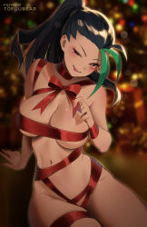 Rule 34 | 1girl, ;p, arm support, black hair, blurry, blurry background, body freckles, box, breasts, christmas tree, collarbone, commentary, creatures (company), dark-skinned female, dark skin, english commentary, freckles, game freak, gift, gift box, hand up, high ponytail, highres, large breasts, long hair, looking at viewer, multicolored hair, naked ribbon, naughty face, navel, nemona (pokemon), nintendo, one eye closed, orange eyes, patreon username, pokemon, pokemon sv, red ribbon, ribbon, skindentation, solo, streaked hair, thighs, tofuubear, tongue, tongue out, v-shaped eyebrows, watermark