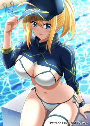 Rule 34 | 1girl, ahoge, arm support, artoria pendragon (fate), baseball cap, bikini, blonde hair, blue eyes, blue hat, blue jacket, blurry, blurry background, blush, breasts, cleavage, closed mouth, commentary, cowboy shot, cropped jacket, fate/grand order, fate (series), hair between eyes, hair through headwear, hand up, hat, hellandheaven, highres, holding, holding clothes, holding hat, jacket, lane line, large breasts, long hair, looking at viewer, midriff, mysterious heroine x (fate), mysterious heroine xx (fate), navel, patreon username, ponytail, pool, pool ladder, shadow, shrug (clothing), side-tie bikini bottom, sidelocks, sitting, smile, solo, starting block, swimsuit, thigh strap, water, white bikini, wristband, zipper pull tab