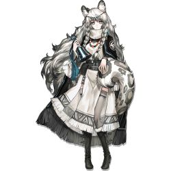 Rule 34 | 1girl, animal ears, arknights, bell, black footwear, black hair, boots, closed mouth, expressionless, full body, grey eyes, grey thighhighs, jewelry, knee boots, leopard ears, leopard tail, long hair, long sleeves, looking at viewer, messy hair, necklace, official art, pramanix (arknights), ryuuzaki ichi, solo, tail, thighhighs, transparent background, very long hair, wavy hair, white hair