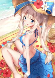 Rule 34 | 1girl, arm garter, beach, bikini, blue bikini, blue eyes, blush, breasts, day, fate/grand order, fate (series), flower, flower hat, hat, long hair, looking at viewer, looking back, marie antoinette (fate), marie antoinette (swimsuit caster) (third ascension) (fate), medium breasts, petals, rong yi tan, sand, sitting, solo, straw hat, swimsuit, twintails, wariza, white background, white hair