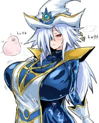 1girl 1other armor blue_shirt breast_curtain geist43195783 hair_over_one_eye hat highres jewelry marshmallon pauldrons red_eyes shirt shoulder_armor silent_magician silent_magician_zero speech_bubble spiked_hair tagme white_background white_hair yu-gi-oh! yu-gi-oh!_master_duel