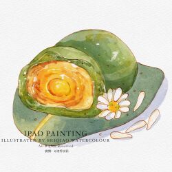 Rule 34 | artist name, chinese text, english text, faux traditional media, flower, food, food focus, fruit, fruit focus, highres, mixed-language text, no humans, original, petals, procreate (medium), qingtuan, shiqiao shuicai, still life, translation request, watercolor effect, watermark, white background