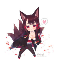Rule 34 | 1girl, akagi (azur lane), animal ears, azur lane, bad id, bad pixiv id, black gloves, black kimono, black thighhighs, blush, breasts, brown hair, character name, chibi, cleavage, collarbone, commentary request, foreign blue, fox ears, fox girl, fox tail, gloves, hair ornament, heart, holding, japanese clothes, kimono, kitsune, korean commentary, kyuubi, large breasts, long hair, long sleeves, looking at viewer, multiple tails, open clothes, open kimono, parted lips, pleated skirt, red eyes, red footwear, red skirt, simple background, sitting, skirt, solo, spoken heart, tail, thighhighs, very long hair, watermark, web address, white background, wide sleeves