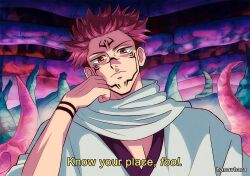 Rule 34 | 1boy, artist name, clenched hand, closed mouth, derivative work, facial tattoo, hair up, hanavbara, hand on own cheek, hand on own face, jujutsu kaisen, light frown, looking at viewer, male focus, pink eyes, pink hair, purple background, robe, ryoumen sukuna (jujutsu kaisen), screenshot redraw, short hair, solo, subtitled, tattoo, undercut, white robe